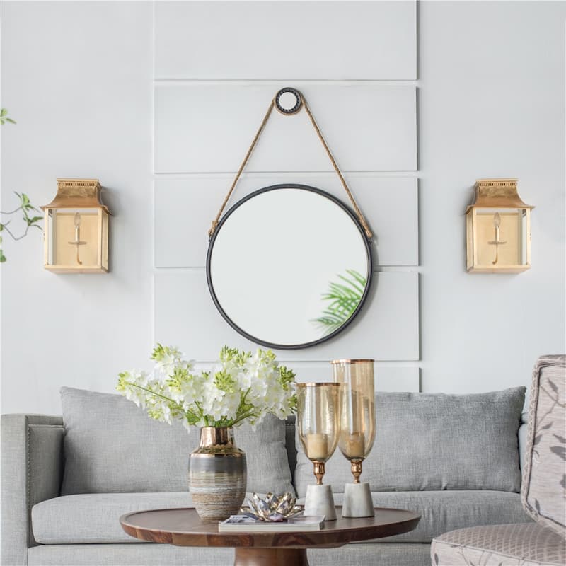 On-trend Hanging Round Mirror with Black Framed and Rope Strap