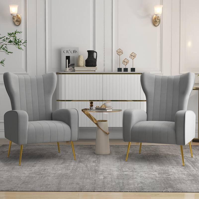 2 Set Velvet Wingback Accent Chairs with Metal Legs for Living Room