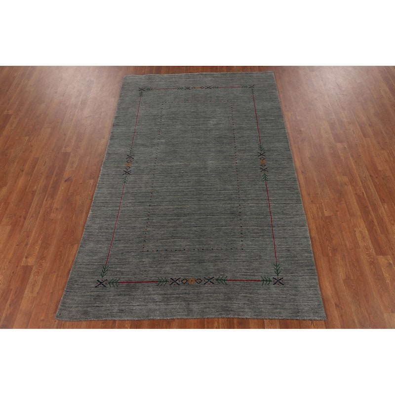 Gray & Green Striped Gabbeh Indian Area Rug Hand-Knotted Wool Carpet - 4'11"x 7'10"