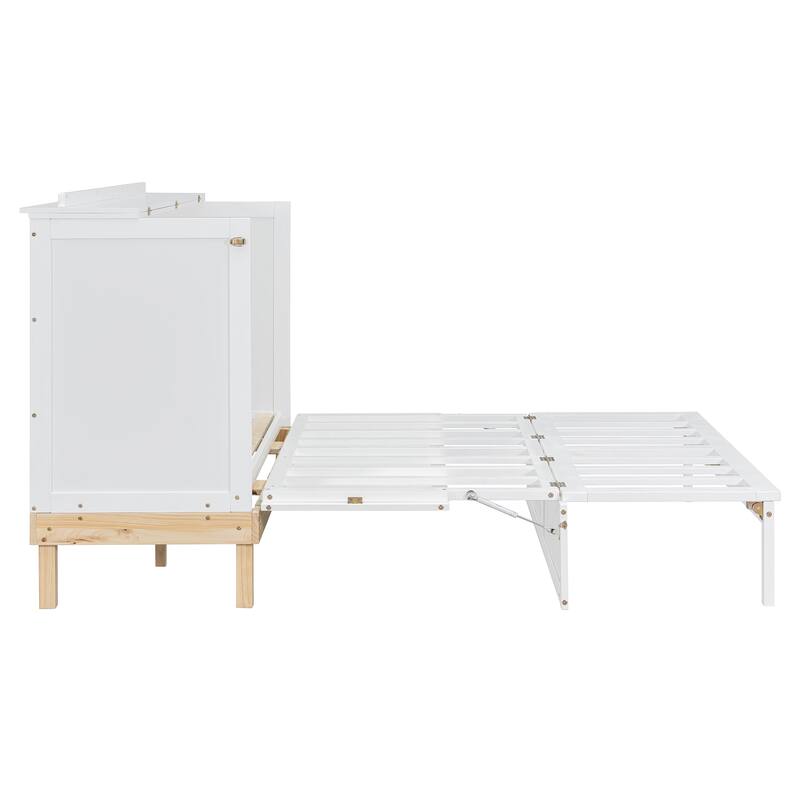 Space-Saving Queen Size Murphy Bed in White/Gray with Sturdy Pine Wood and MDF Construction