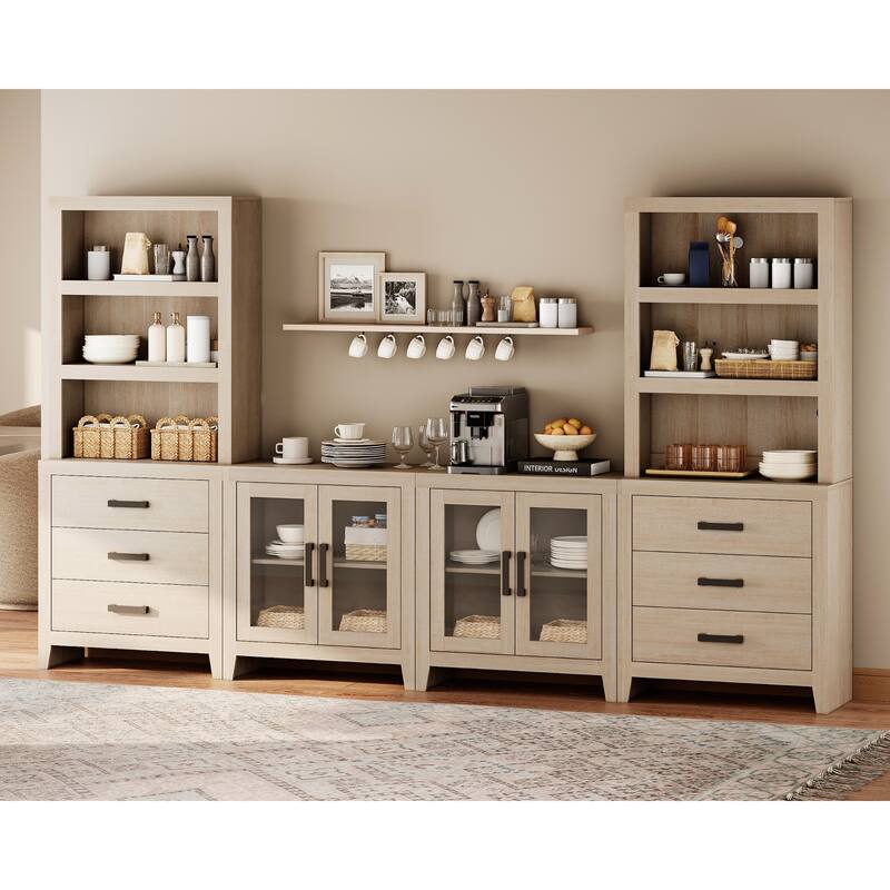 WAMPAT Farmhouse Entertainment Center with Bookshelves, Modular TV Stand with Drawers & Glass Doors - 126"W x 72.2"H x 15.4"D