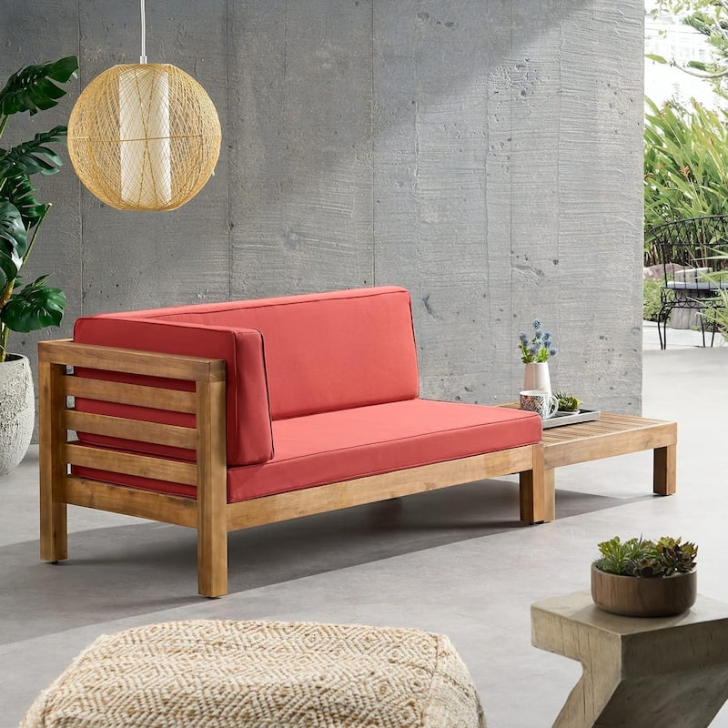 Roomfitters Left Corner Bench with Coffee Table, Outdoor Wooden Patio Sofa with Cushions for Garden or Porch - Red