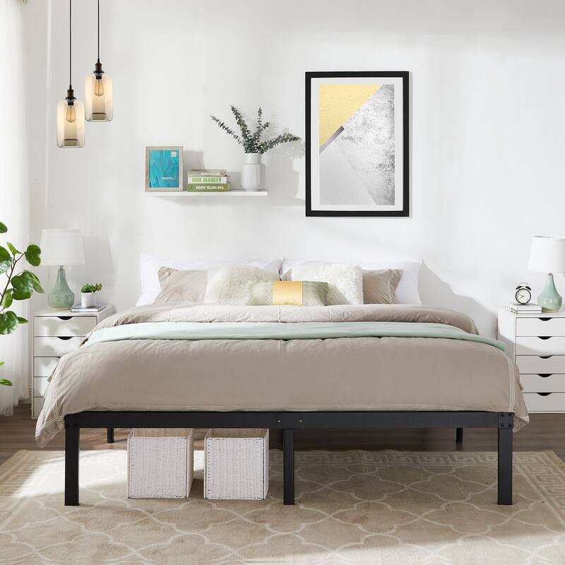 VECELO Bed Frames No Box Spring Needed, Heavy Duty Metal Platform with Steel Slat, Easy Assembly, Black
