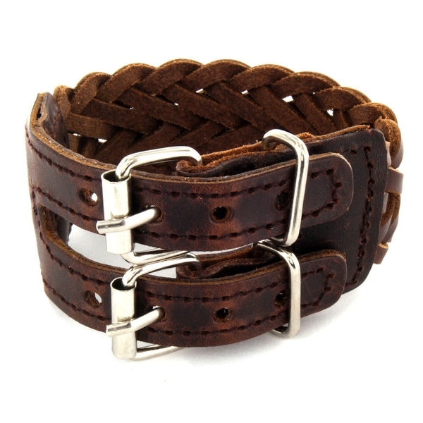 Brown Leather Weaved Bracelet with Adjustable Buckle End Closure (30 mm) - 8 in