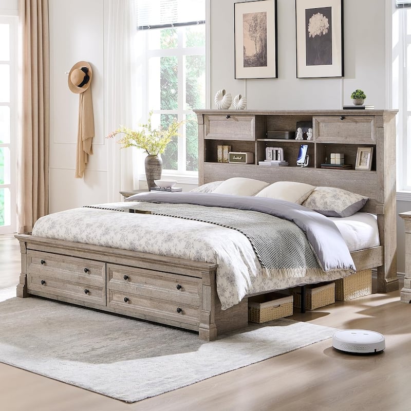 Farmhouse King Size Bed Frame with 54" Tall Storage Bookcase Headboard