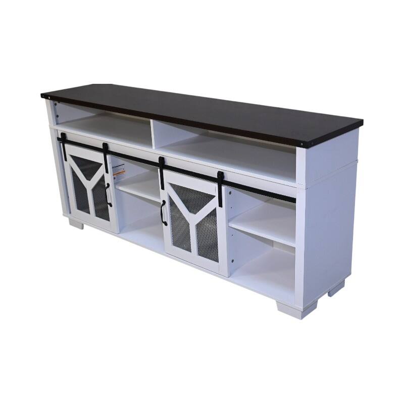 Country Style TV Stand LED TV Stand with Lron Mesh Barn Door and Y Decorative Strip, for Living Rooms, White+Walnut