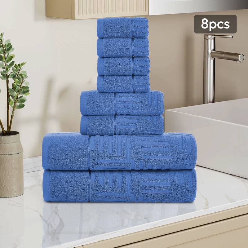 Luxury Jacquard 8 Piece Bath Towels Set - Blue