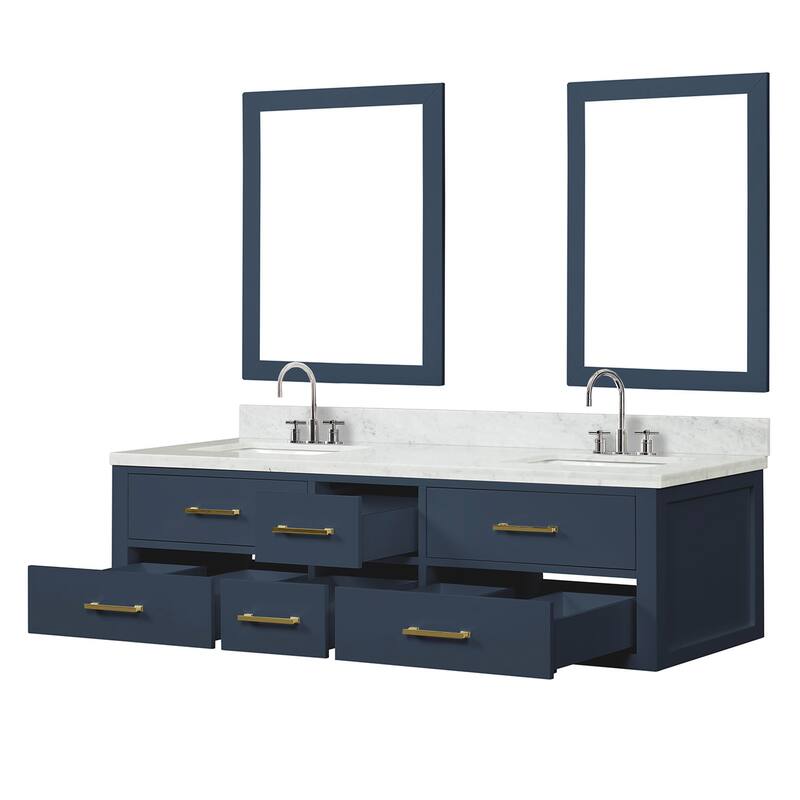 Lexora Castor Double Bath Vanity, Carrara Marble Top, Faucet Set, and Mirrors