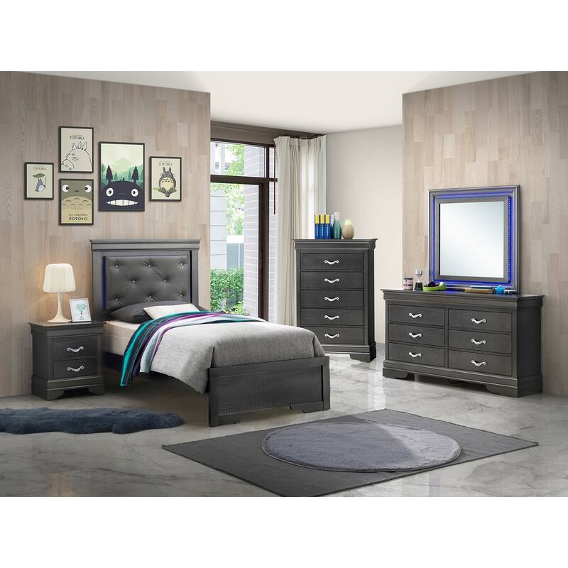 Jewel Tufted Upholstered Twin Panel Bed with LED Lights - 80" - Black