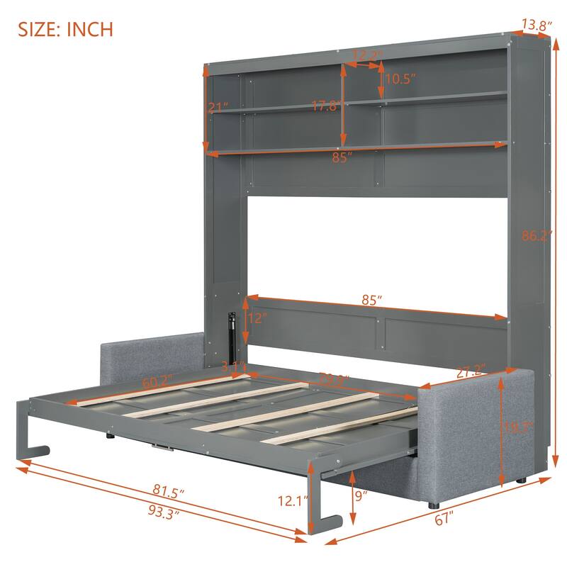 Queen Convertible Murphy Bed with Sofa, 2-in-1 Design, Storage & Dual-Piston Mechanism