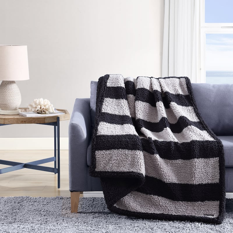 Nautica Lawndale Ultra Soft Plush Sherpa Striped Throw Blanket - Black/Grey