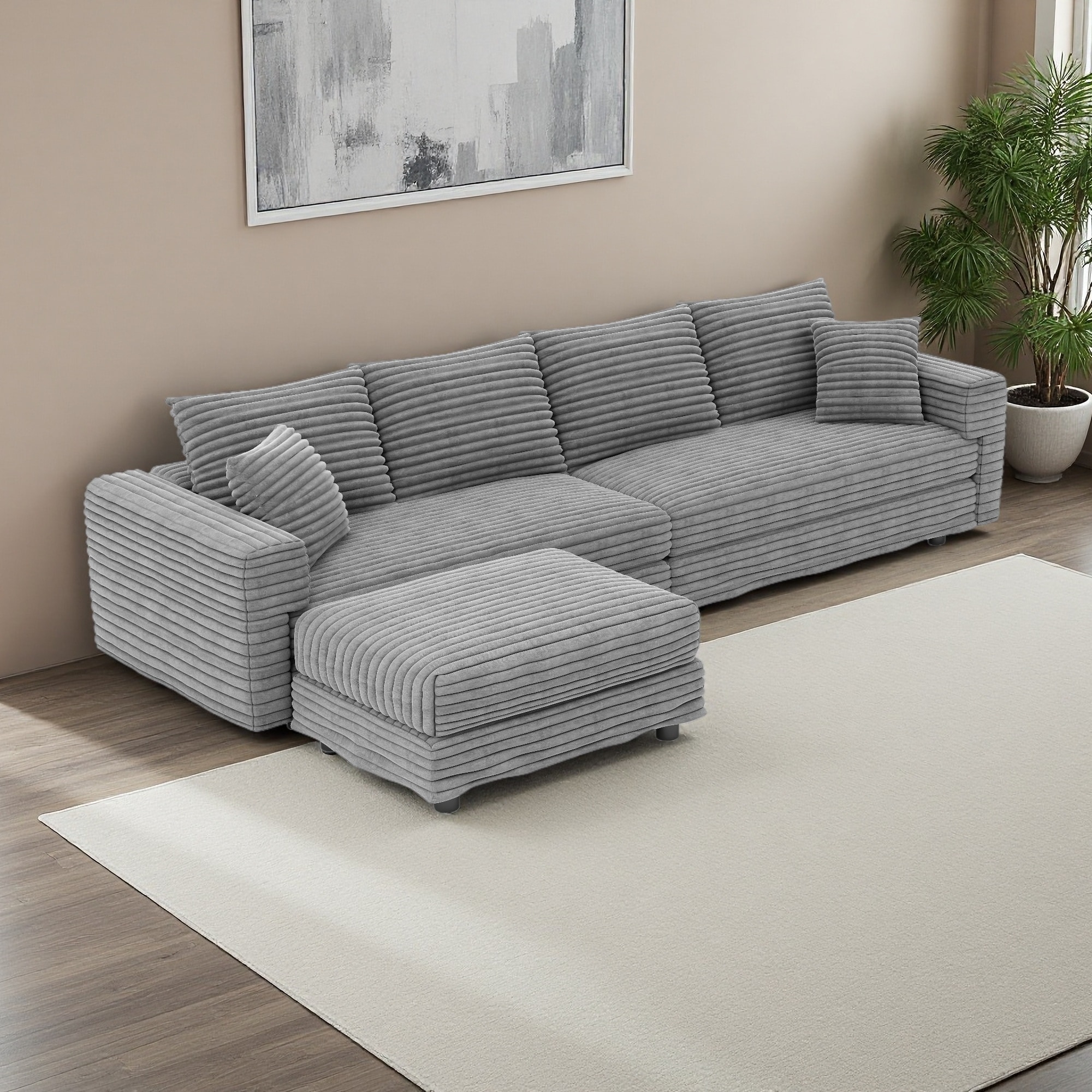 102.4" Plush Corduroy 4-Seater Cloud Sectional Sofa with Movable Ottoman & Convertible Design