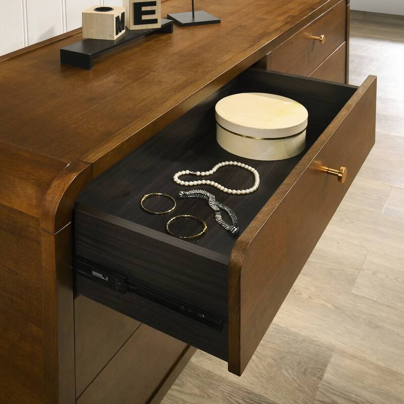 Roundhill Furniture Eldren Wood Bedroom Set, Platform Bed with Dresser, Mirror, and Two Nightstands in Walnut Finish