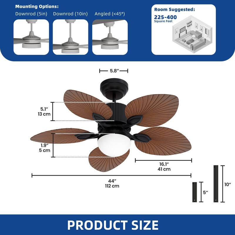 Moasis 44 Inch 5 Blades Tropical Palm Ceiling Fans with Lights and Remote Control