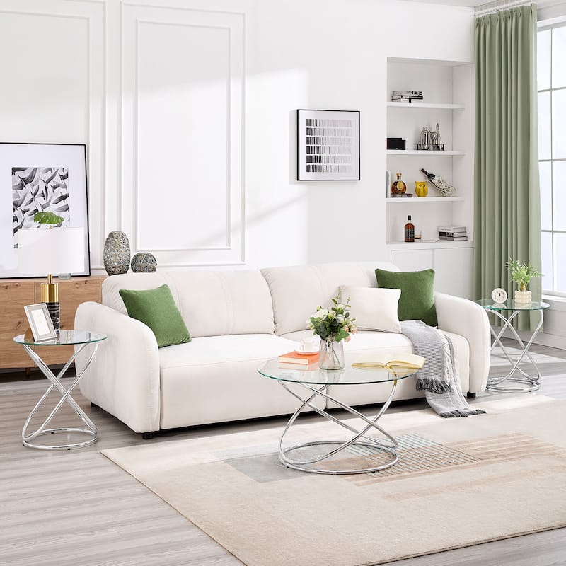 Tempered Glass Top Round Coffee Table with Metal Base - 31.5"Dia Top x 17.7"H x 23.6"Dia Base - Silver Leg-Set(1 coffee table + 2 side table)