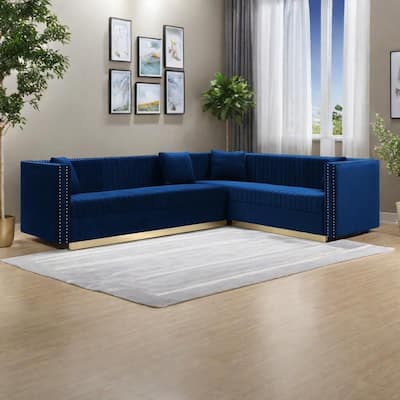 100.8'' Velvet Vertical Channel Tufted Sectional Sofa - Modern 6-Seat Corner Couch with 4 Pillows and Gold Base