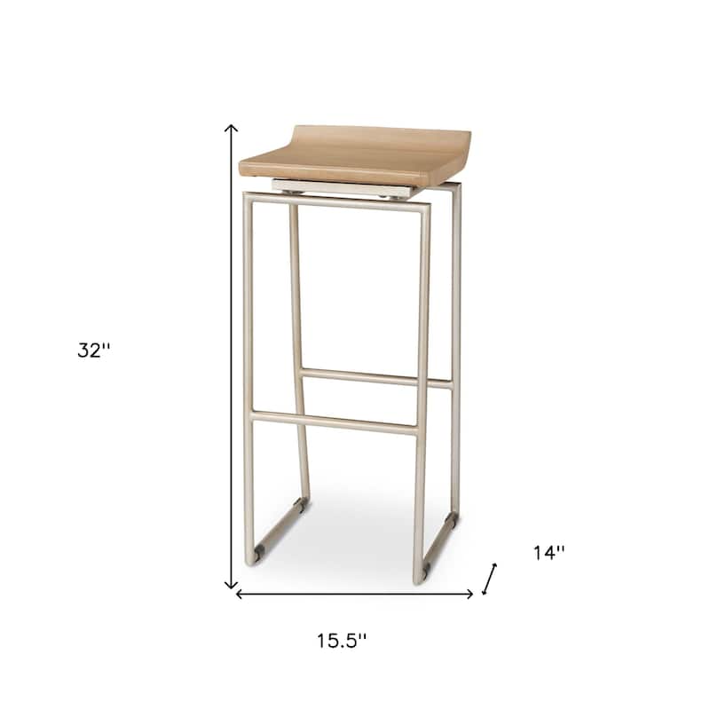 HomeRoots 31" Natural and Silver Solid Wood and Iron Low Back Bar Height Bar Chair