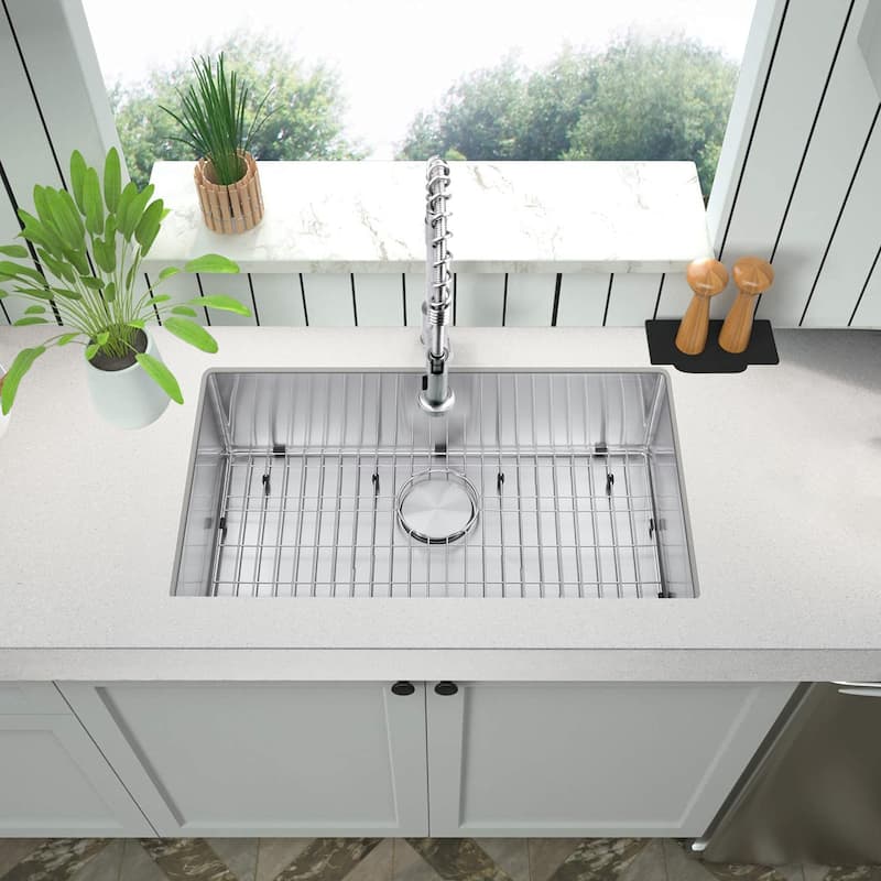 30" Undermount Kitchen Sink and Pull-down Faucet Combo with Drain Strainer, Protective Bottom Grid, All in One (30" x 18" x 9")