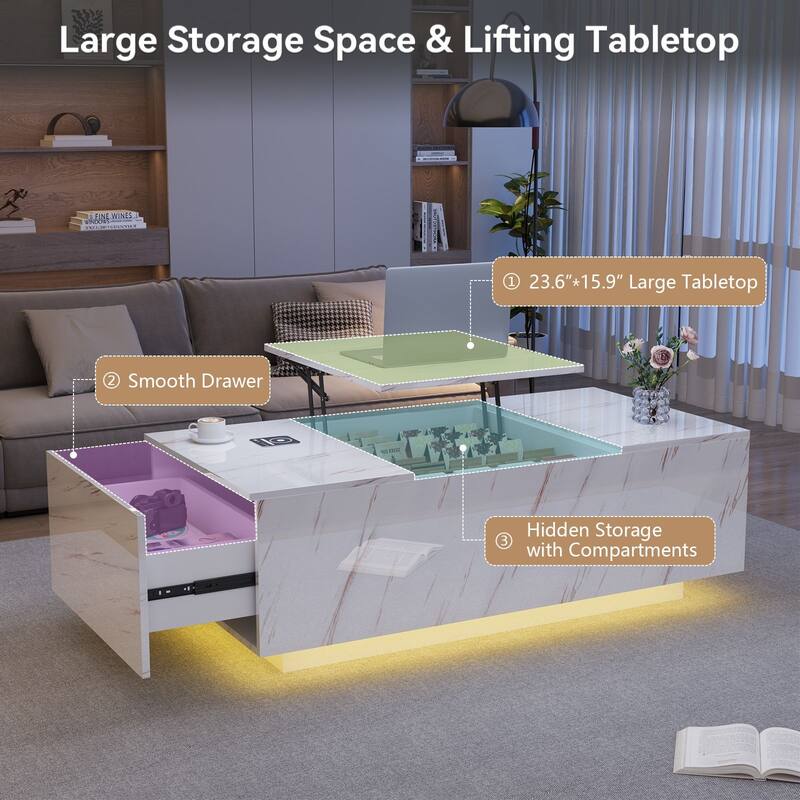 47.2" LED Lift Top Coffee Table with Wireless Charging & Bluetooth Speaker, Smart Storage Drawer, RGB Lights