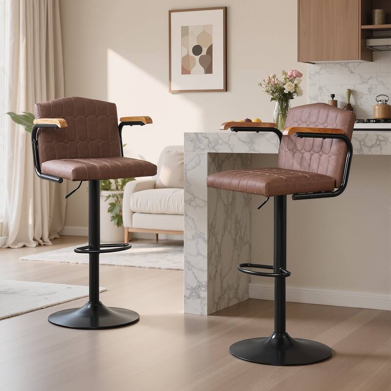 2/4 Pack Flocked Bar Stools Swivel 35.4"-43.3" Adjustable Height Arms Counter Bar Height Kitchen Island Set - Set of 2 - Brown