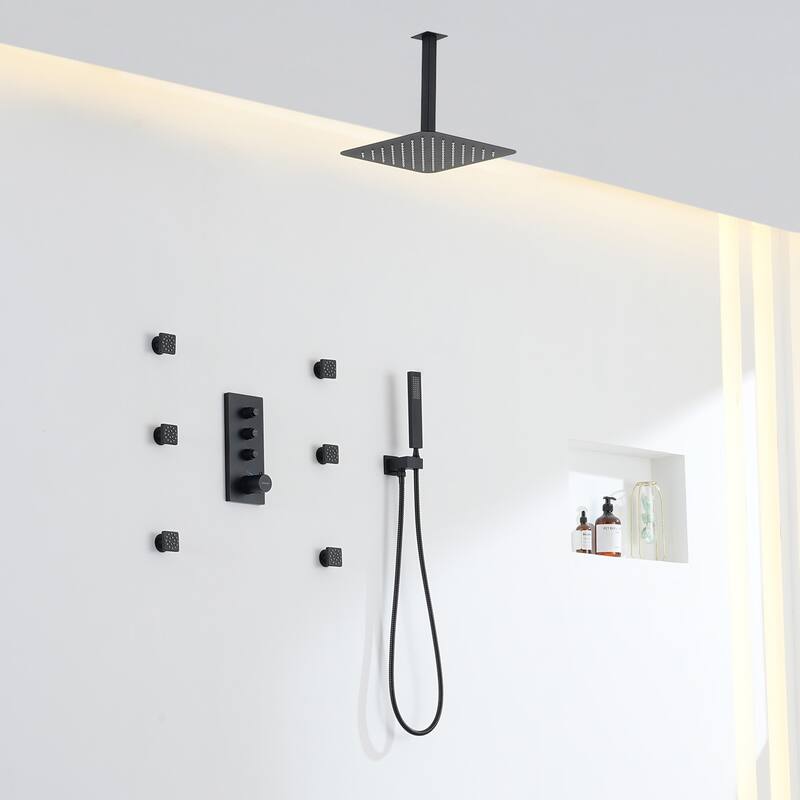 3 Functions 12 Inch Ceiling Mounted Thermostatic Shower System in Matte Black - Black