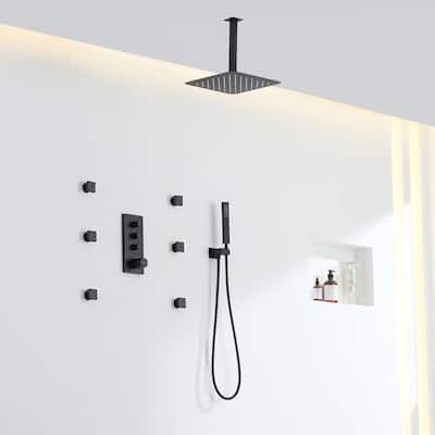 3 Functions 12 Inch Ceiling Mounted Thermostatic Shower System in Matte Black
