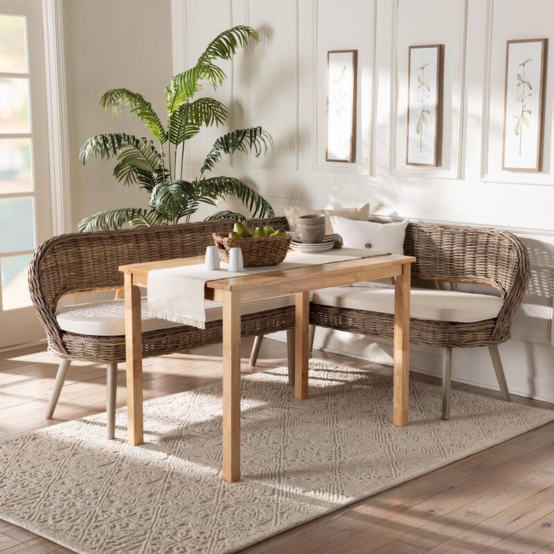 Raisa Modern Bohemian Natural Kubu Rattan Bench and Wood Table Dining Nook Set