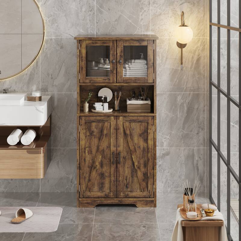 Kitchen Pantry Storage Cabinet with Glass Doors & Adjustable Shelves