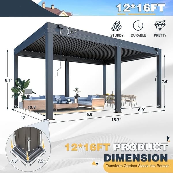 dimension image slide 28 of 30, EROMMY Outdoor Louvered Pergola Gazebo with Adjustable Aluminum Rainproof Roof