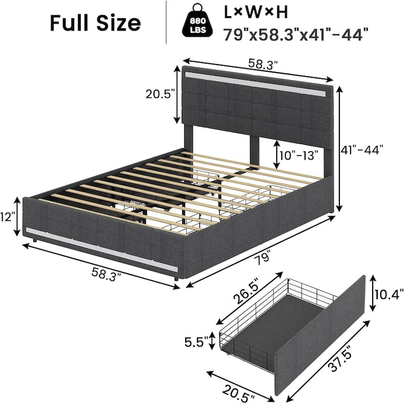 LED Bed Frame Platform Bed 2 USB Ports 4 Storage Drawers