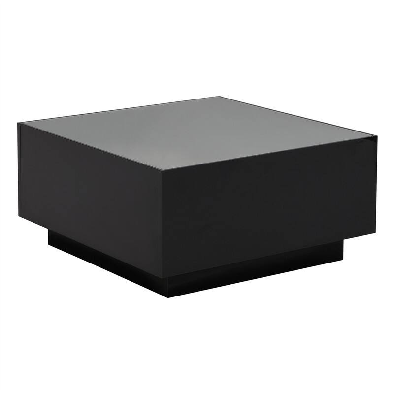 Square Hight Glossy Coffee Table with 16-color LED Strip Lights, Modern Center Table with 5mm Frosted Tempered Glass Top