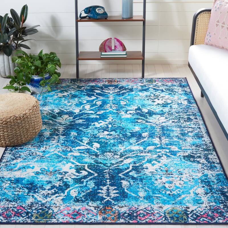 SAFAVIEH Paint Brush Machine Washable Slip Resistant Elvezia Rug - 4'5" x 6'5" - Navy/Light Blue