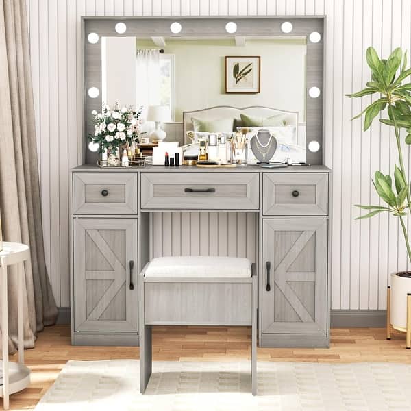 grey dressing table with lights 43.3'' Wide Makeup Vanity Adjustable Lighted Mirror and Stool, Power Outlet - On Sale - Bed Bath & Beyond SCH005774_DEG_M