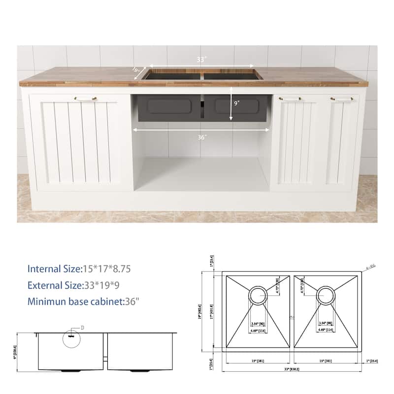 Undermount 16 Gauge Double Bowl Stainless Steel Kitchen Sink in Brushed Nickel - 33'' x 19'' x 9''