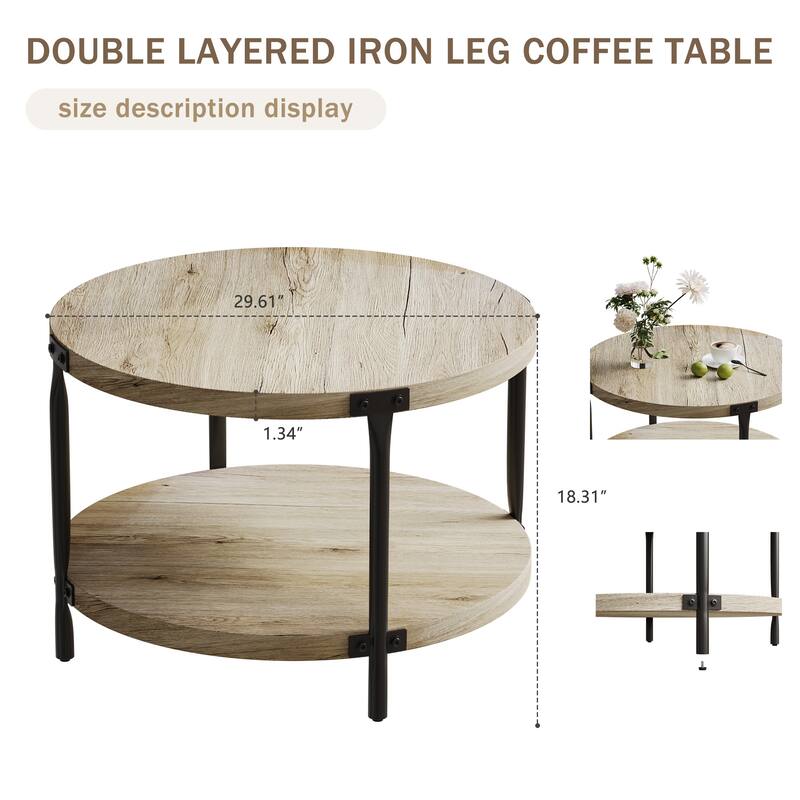 Wooden Round Dining Table with Double Layers, Coffee Table Side Table with Metal Legs for Dining Room