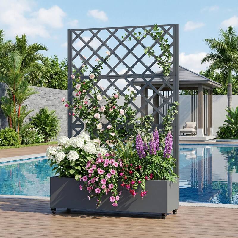 Raised Garden Bed Planter with Trellis Movable Planter Box with Lockable Wheels