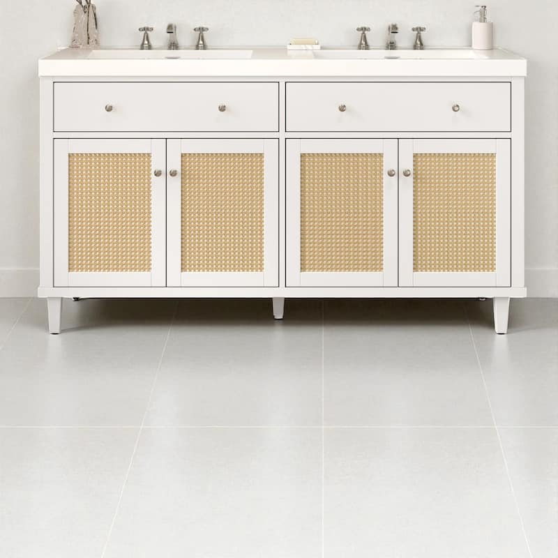 60" Double Sink Bathroom Vanity with SMC Integrated Top, Soft Close Doors, Tip-Out Trays and Rattan Front Cabinets