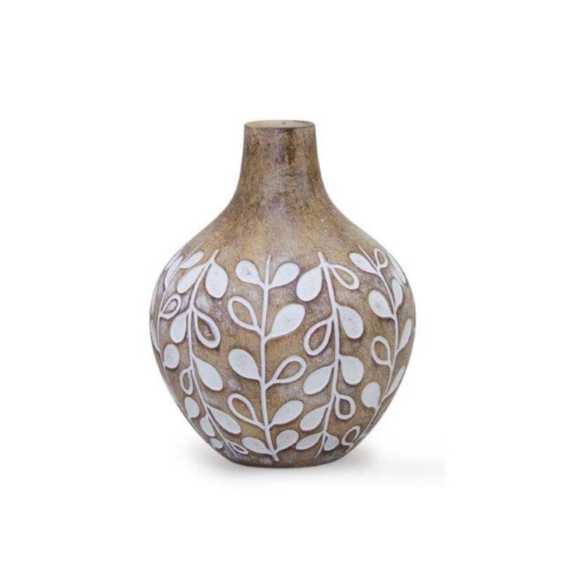 Decorative Brown White Round Vases Set of 3 with Leaf Design