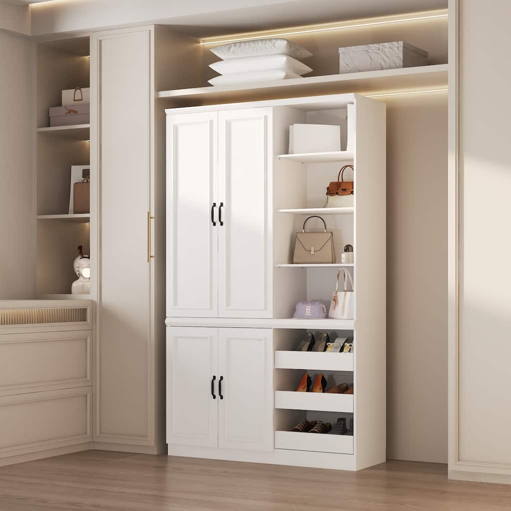 White Wardrobe Closet with Adjustable Shelves Solid Wood Frame Storage Cabinet for Home Organization