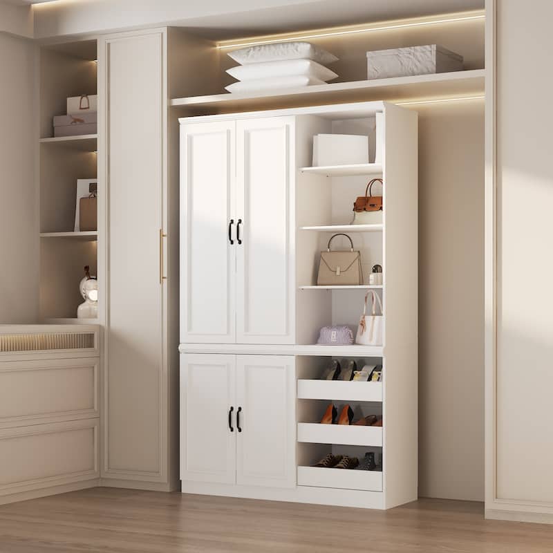 White Wardrobe Closet with Adjustable Shelves Solid Wood Frame Storage Cabinet for Home Organization