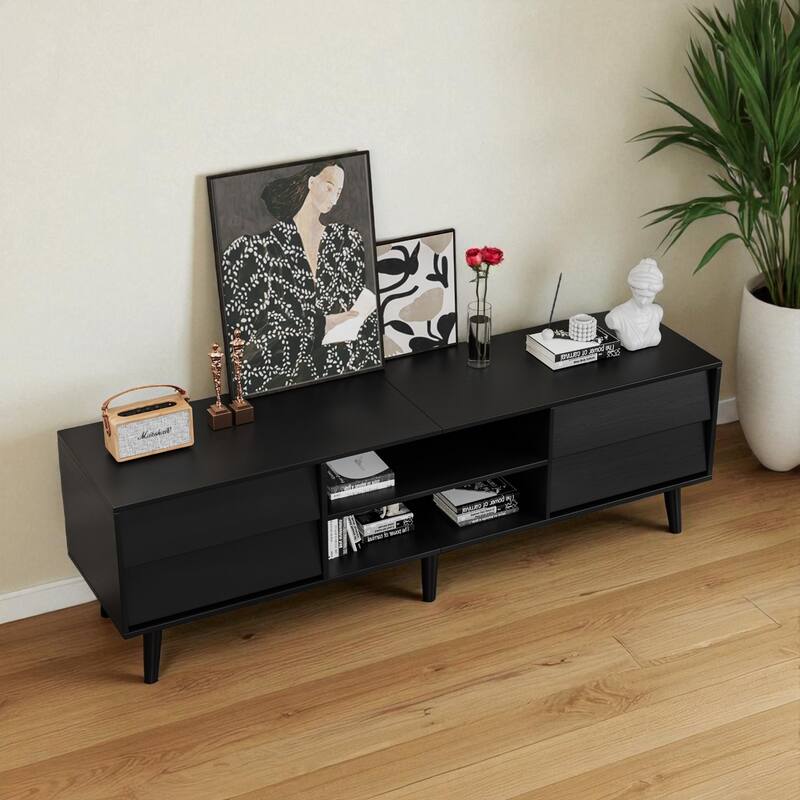 63" Vintage-Style TV Stand with Beveled Design, Media Console with 4 Drawers & 2 Shelves, Solid Wood Legs