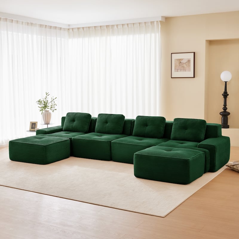 153" Modular Corduroy Sectional Sofa, U-Shaped Couch with Ottoman