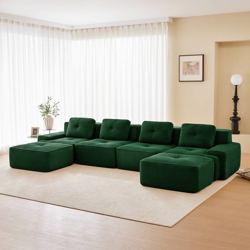 Roomfitters No Assembly Modular Sofa, 117 Inch Corduroy 3-Seater with Piping, Green - Green 153" U-Shape