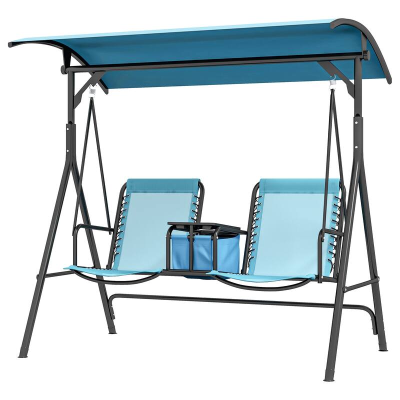 2-Seat Outdoor Canopy Swing Chair with Pivot Storage Table, Cup Holder & Adjustable Shade