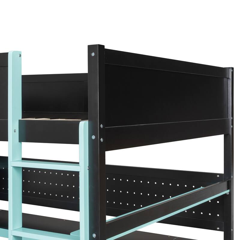 Gaming Loft Bed with Recessed Table Cabinet Pegboard Storage Stairs