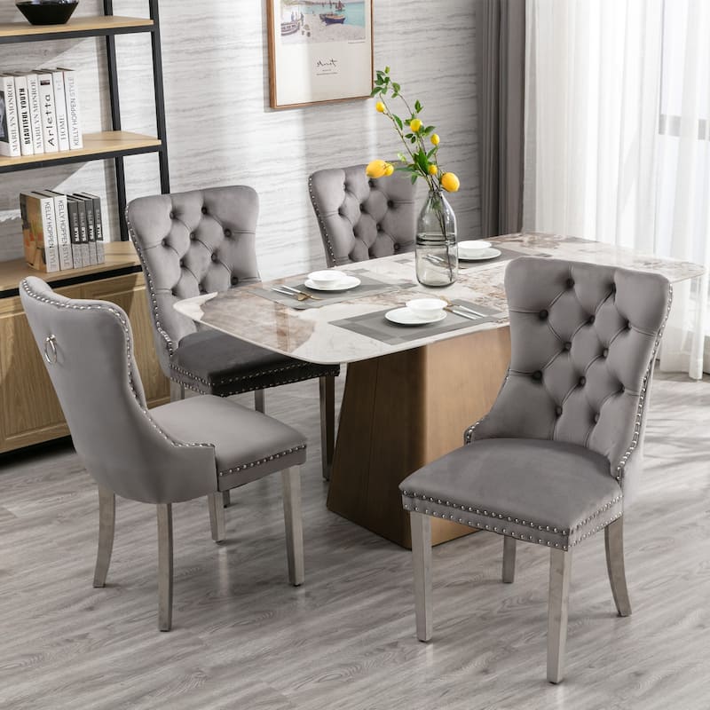 Velvet Fabric Dining Chairs Set of 2, Tufted Upholstered Dining Room Chair with Nailhead Trim & Stainless Steel Legs