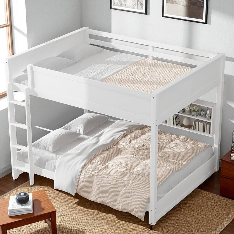 Queen over Queen Bunk Bed with Storage Cabinets, Guardrails and Built-in USB Charging Ports, Solid Wood Frame - White - Queen