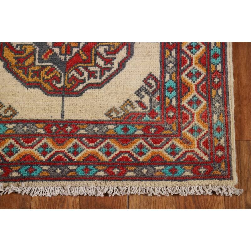 Geometric Kazak Foyer Rug Handmade Beige Traditional Wool Carpet - 2'0" x 3'0"
