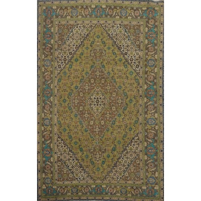 Hand Knotted Oriental 100% Wool Carpet Traditional Medallion Green Tabriz Area Rug - 9' 11'' X 6' 7''