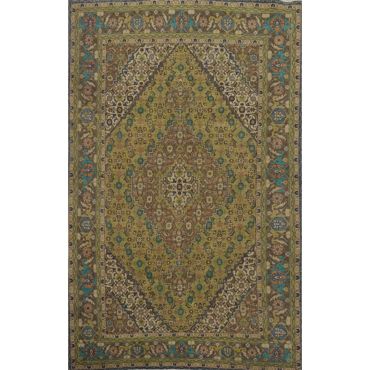 Hand Knotted Oriental 100% Wool Carpet Traditional Medallion Green Tabriz Area Rug - 9' 11'' X 6' 7''